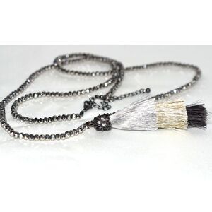 Boho Glam Black Sparkle Beads Tri Color Pom Pom 3"Tassel Pendant 32" Necklace